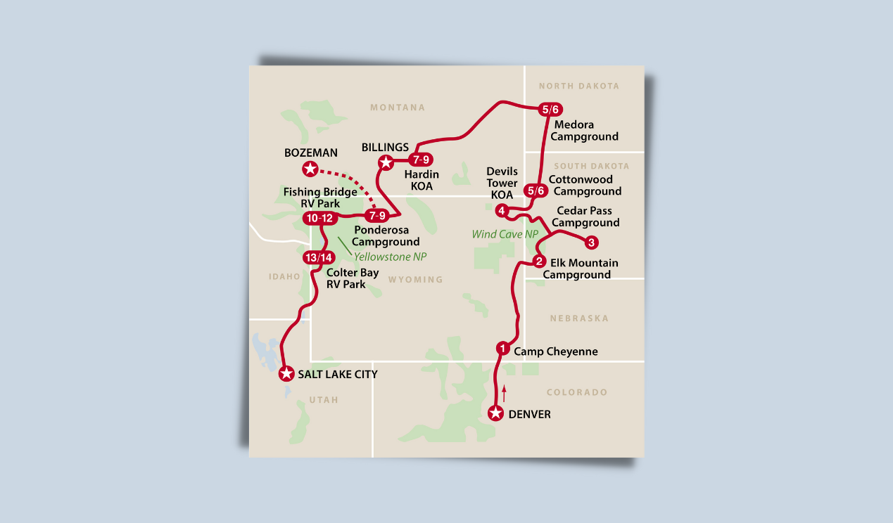 Mapa podróży kamperem przez USA, z Denver do Salt Lake City
