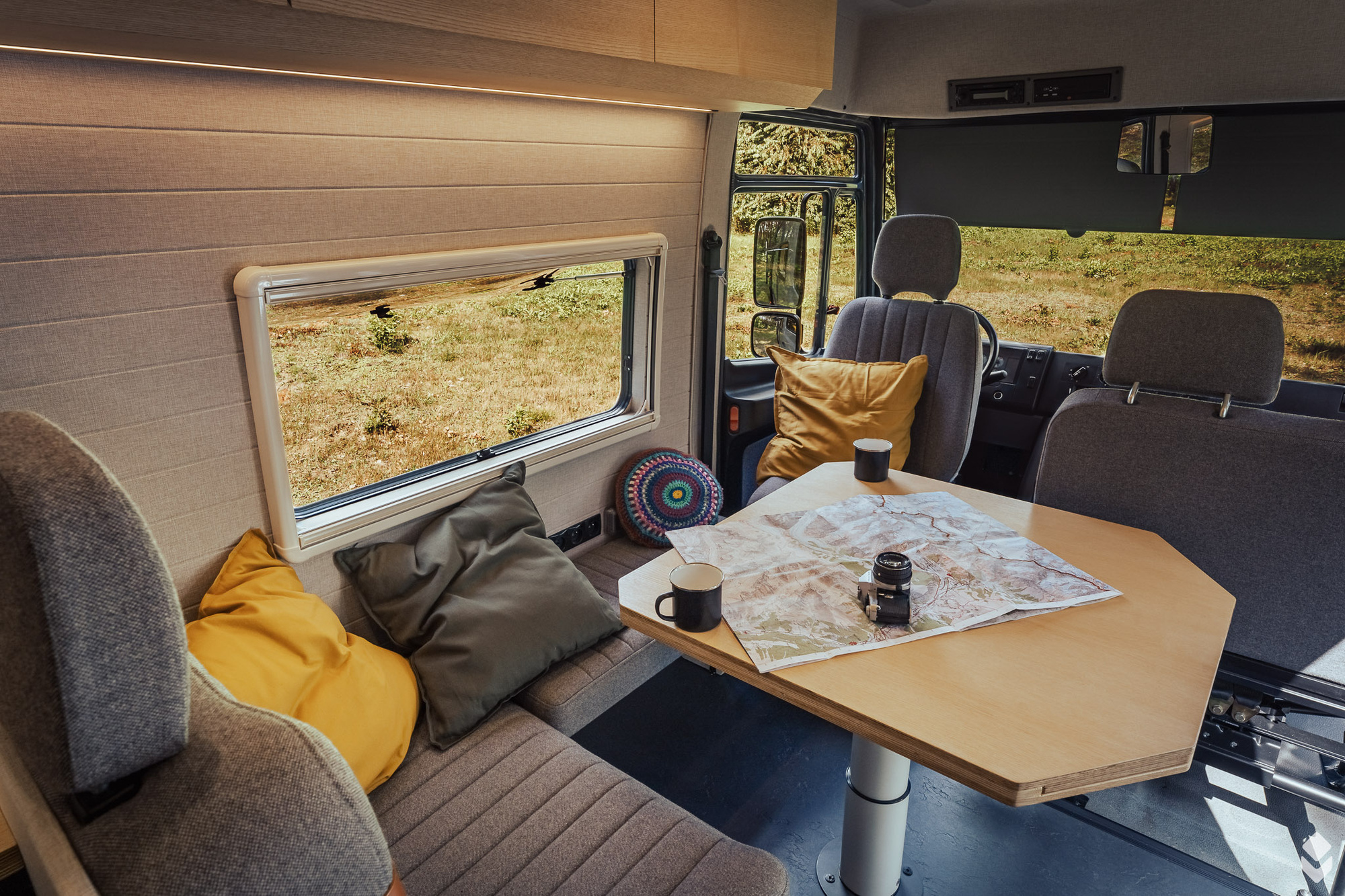 The interior of a camper built by Vannado on a Mercedes Vario
